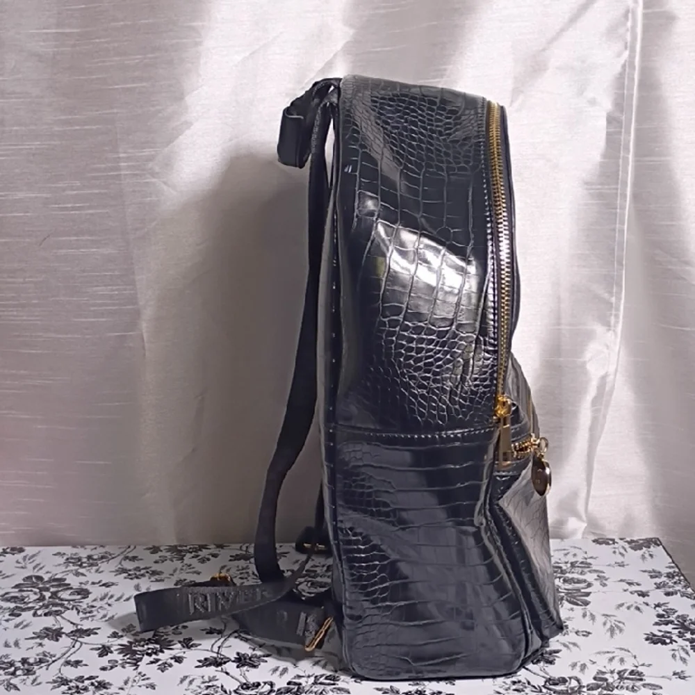 River Island Black Croc-Embossed Backpack with‎ Gold Details